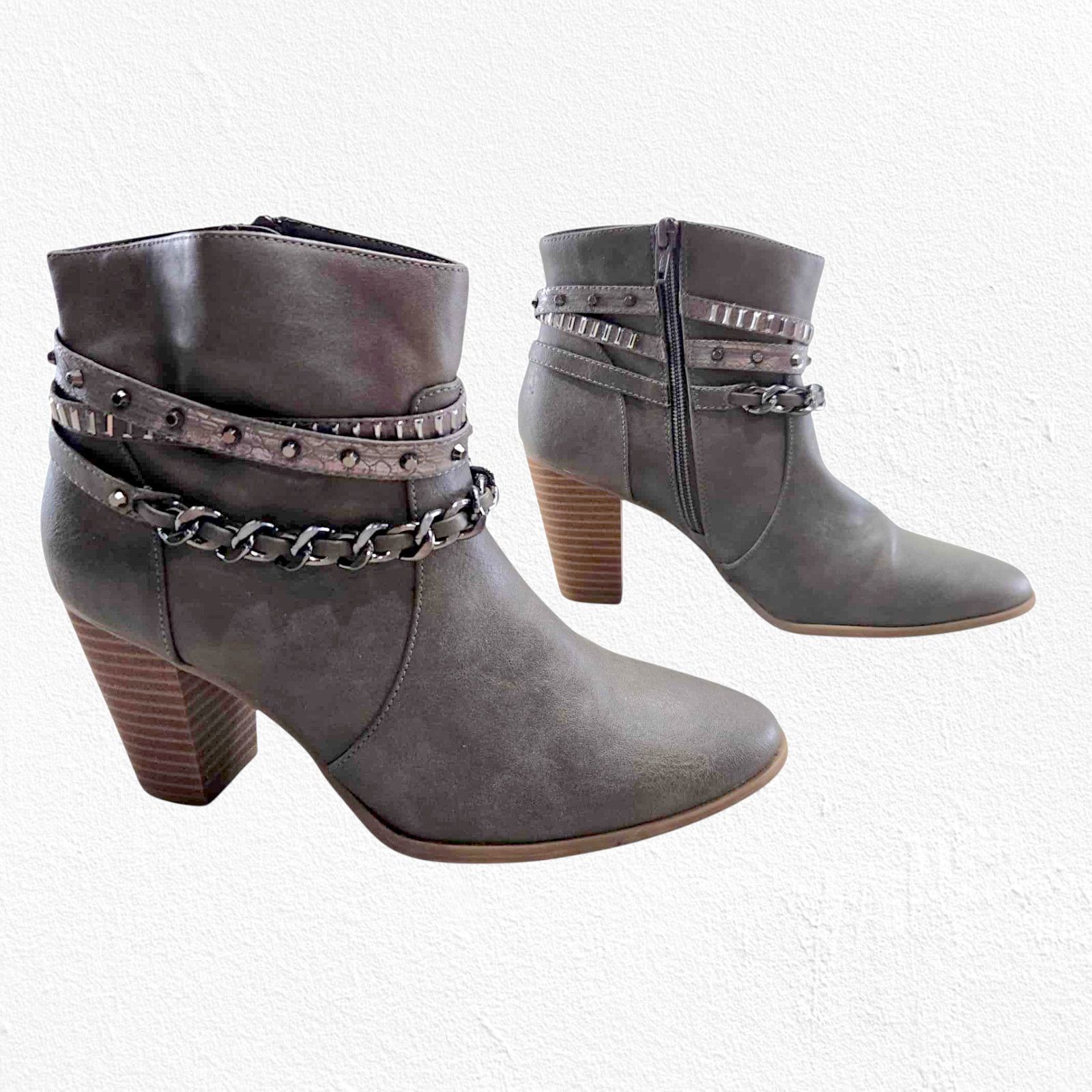 Jennifer Lopez Taupe Studded Chain Block Heel Ankle Boots 7.5 Size US 7.5 / IT 37.5 - 2 Thumbnail
