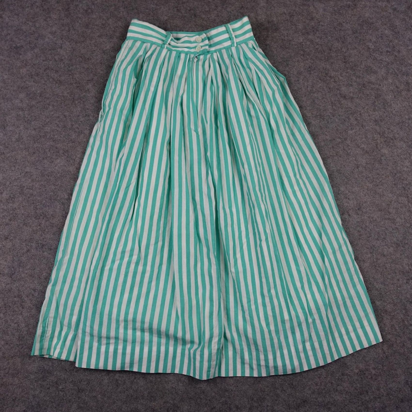 Nordstrom VINTAGE Nordstrom Skirt Womens 2 Teal White Stripe Pleated Midi Lined Pockets Size 26" / US 2 / IT 38 - 6 Thumbnail