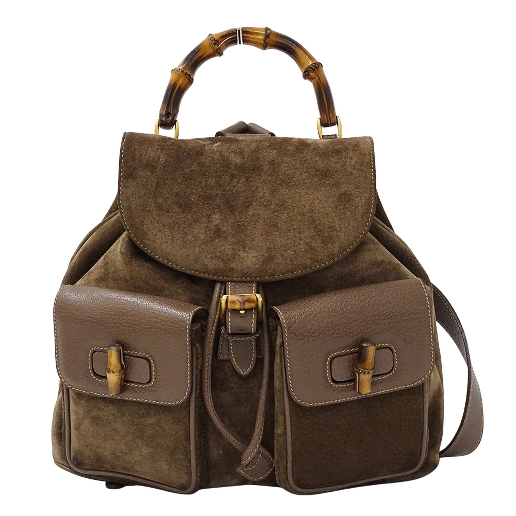 Gucci GUCCI Bamboo Backpack Suede Leather Brown Gold 003 58 