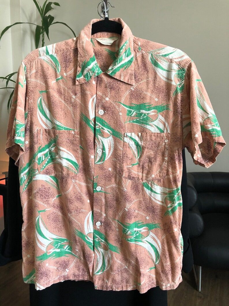 image of Hawaiian Shirt x Vintage 50's Floristiana Abstract Sailboat Hawaiian Buttonup in Salmon (Size Mediu