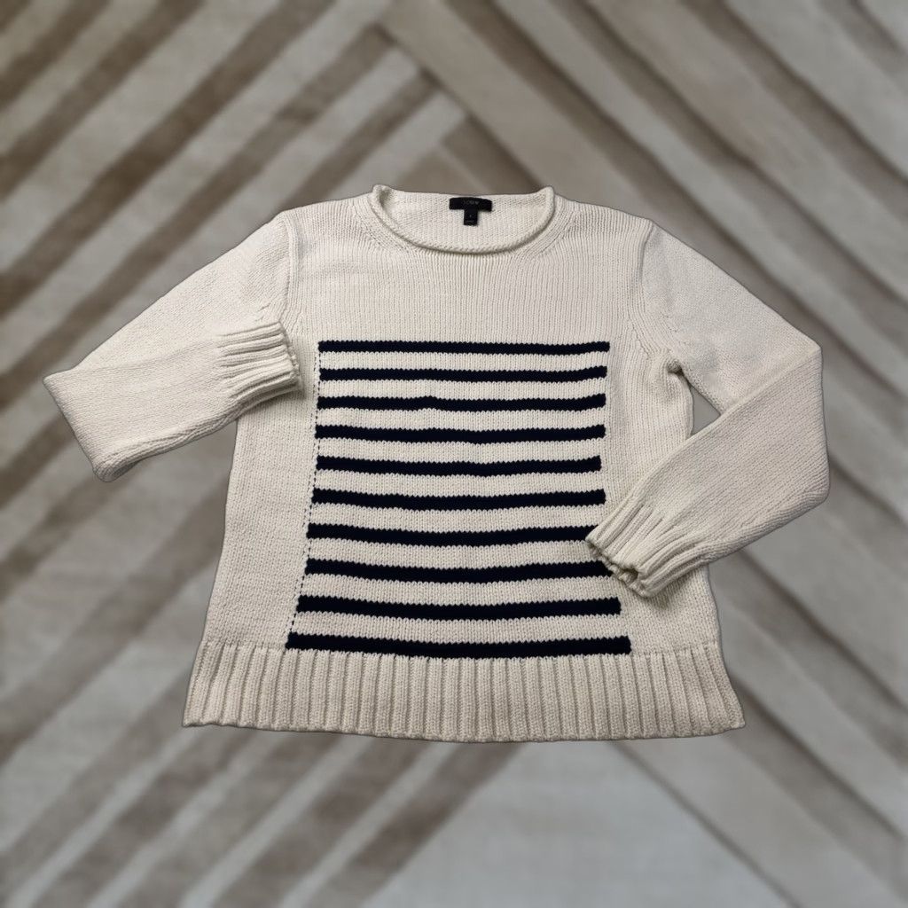J.Crew VINTAGE J.CREW Sweater Striped Rollneck Ivory Navy Blue Size S Women Pullover Chunky-Knit Cotton Knit Long Sleeve Size S / US 4 / IT 40 - 1 Thumbnail