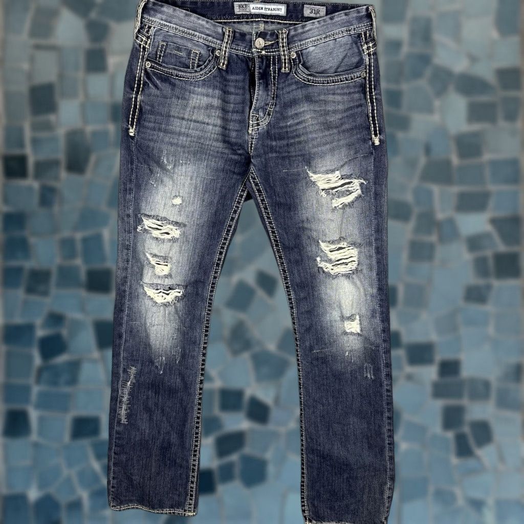 Vintage BKE Aiden Jeans Men 31x32 Straight Stack City Punk Grunge Distressed Y2K Whisker Blue Denim Regular 5-Pocket Mens Size US 31 - 1 Thumbnail
