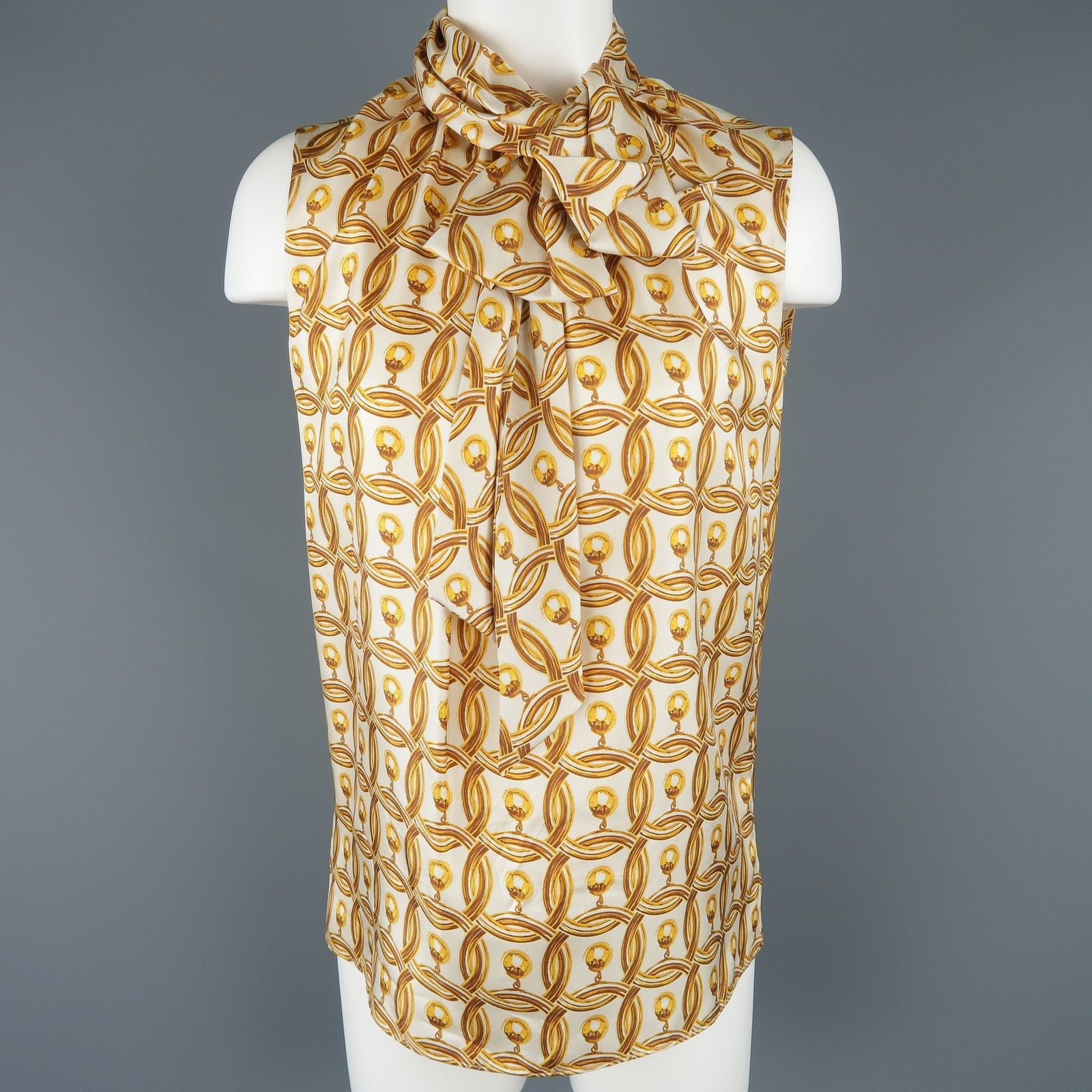 Size 6 Gold & Cream Hoop Earring Print Silk Bow Dress Top