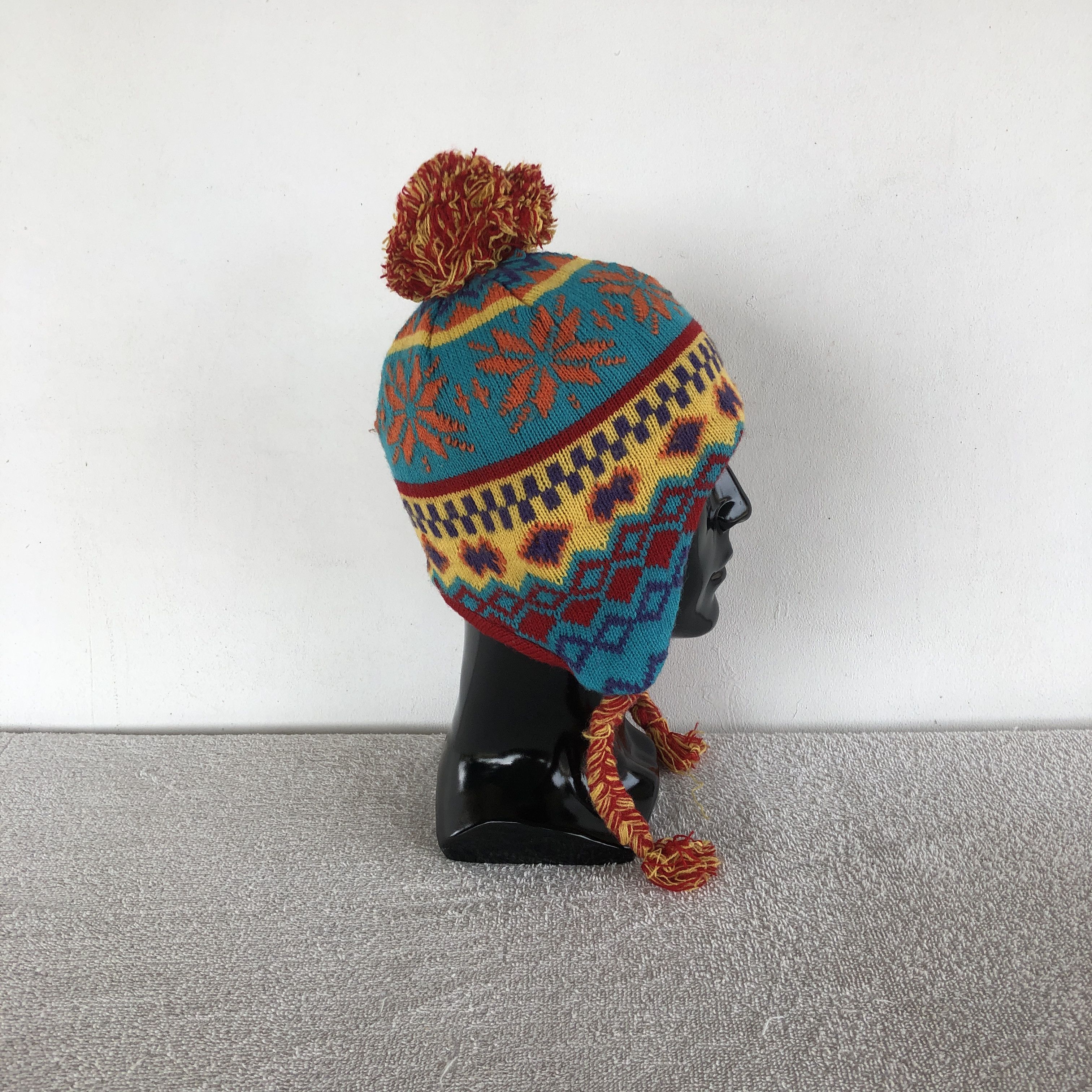 Japanese Brand × Other Vintage 90s Navajo Aztec Earflap Beanie Pom Snow Caps Hats Size ONE SIZE - 3 Thumbnail