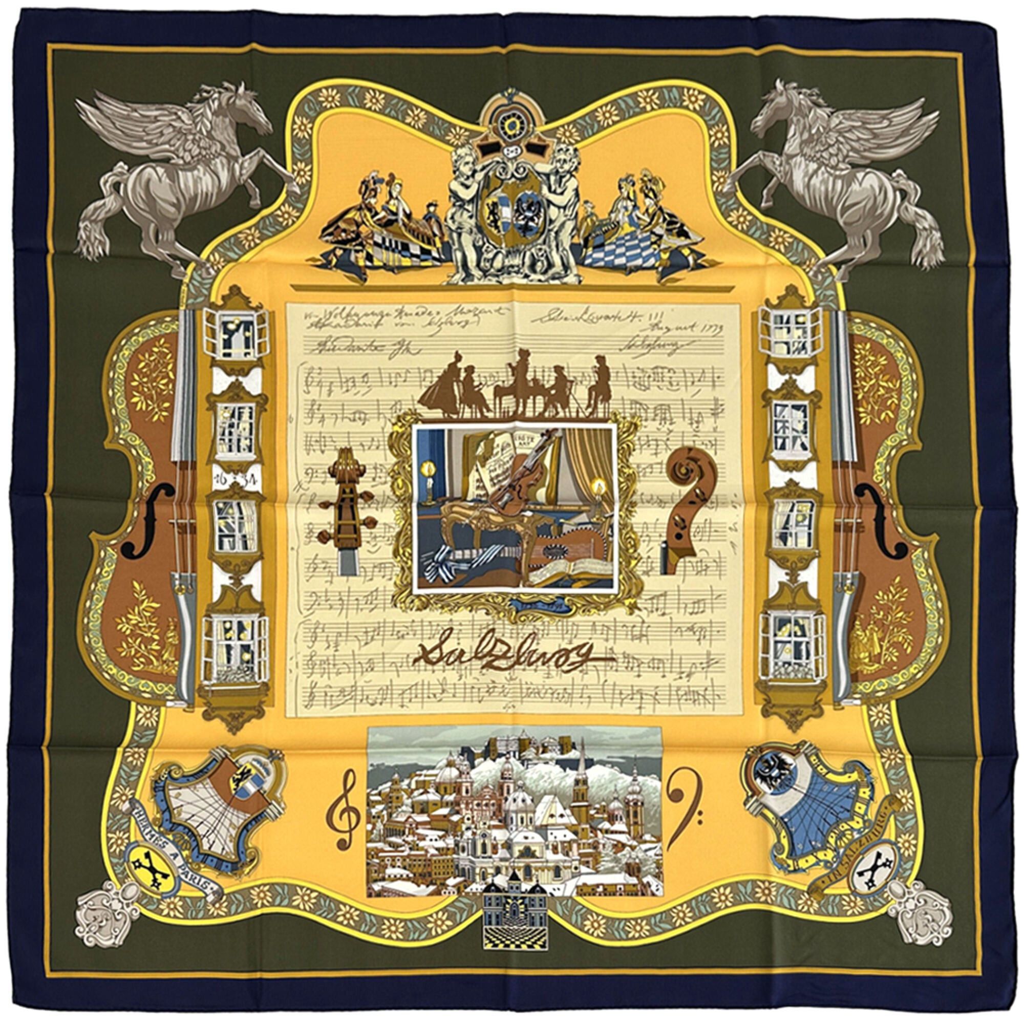 Hermes Hermes scarf/muffler, Carre 90, "In Salzburg," women's, brand, silk, khaki green, yellow, multicolor, sheet music, musical instrument. Size ONE SIZE - 1 Thumbnail