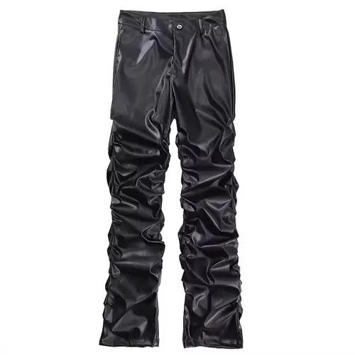 image of Black Faux Stacked Leather Pants, Men's (Size 33)