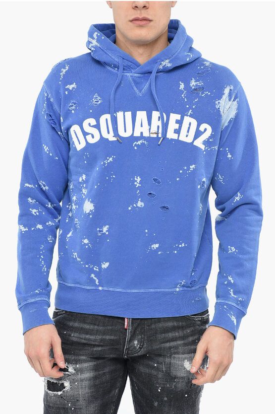 image of Dsquared2 Distressed D2 Goth Foam Hoodie in Blue, Men's (Size 2XL)