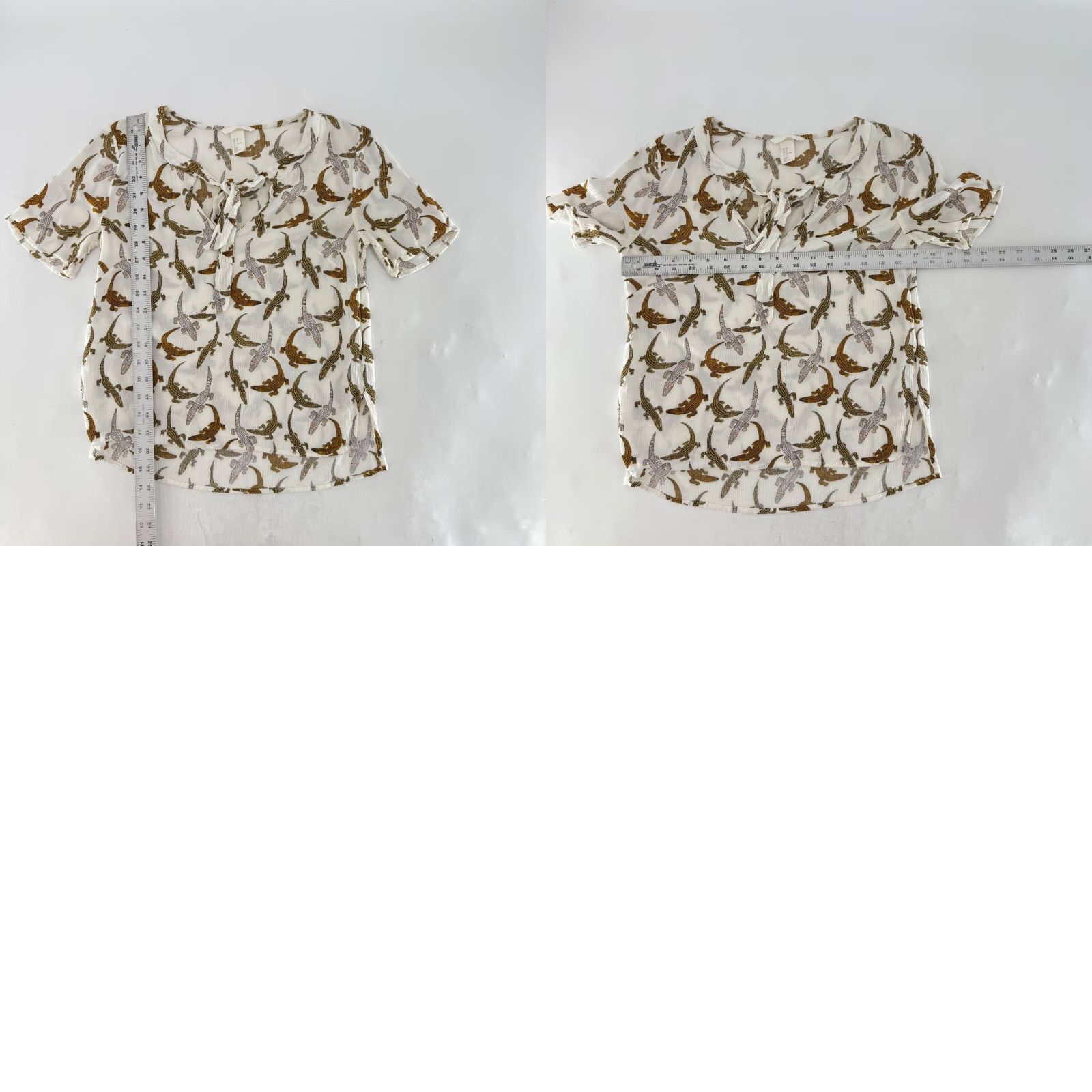 H&M H&M Women's White Alligator Print Tie Neck Short Sleeve Blouse Size 2 Office Size XS / US 0-2 / IT 36-38 - 8 Thumbnail