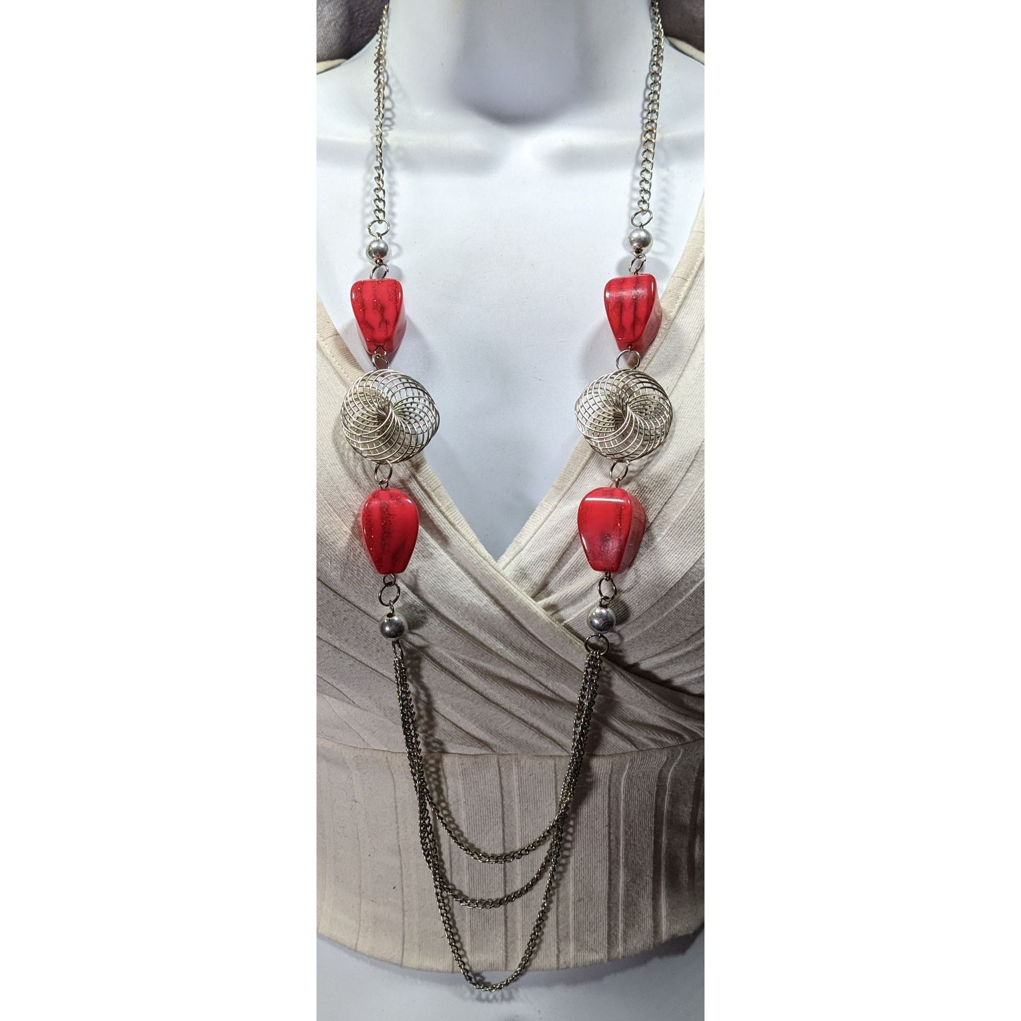 Other Funky Red Glitter Beaded Station Necklace With Silver Tone C Size ONE SIZE - 5 Thumbnail