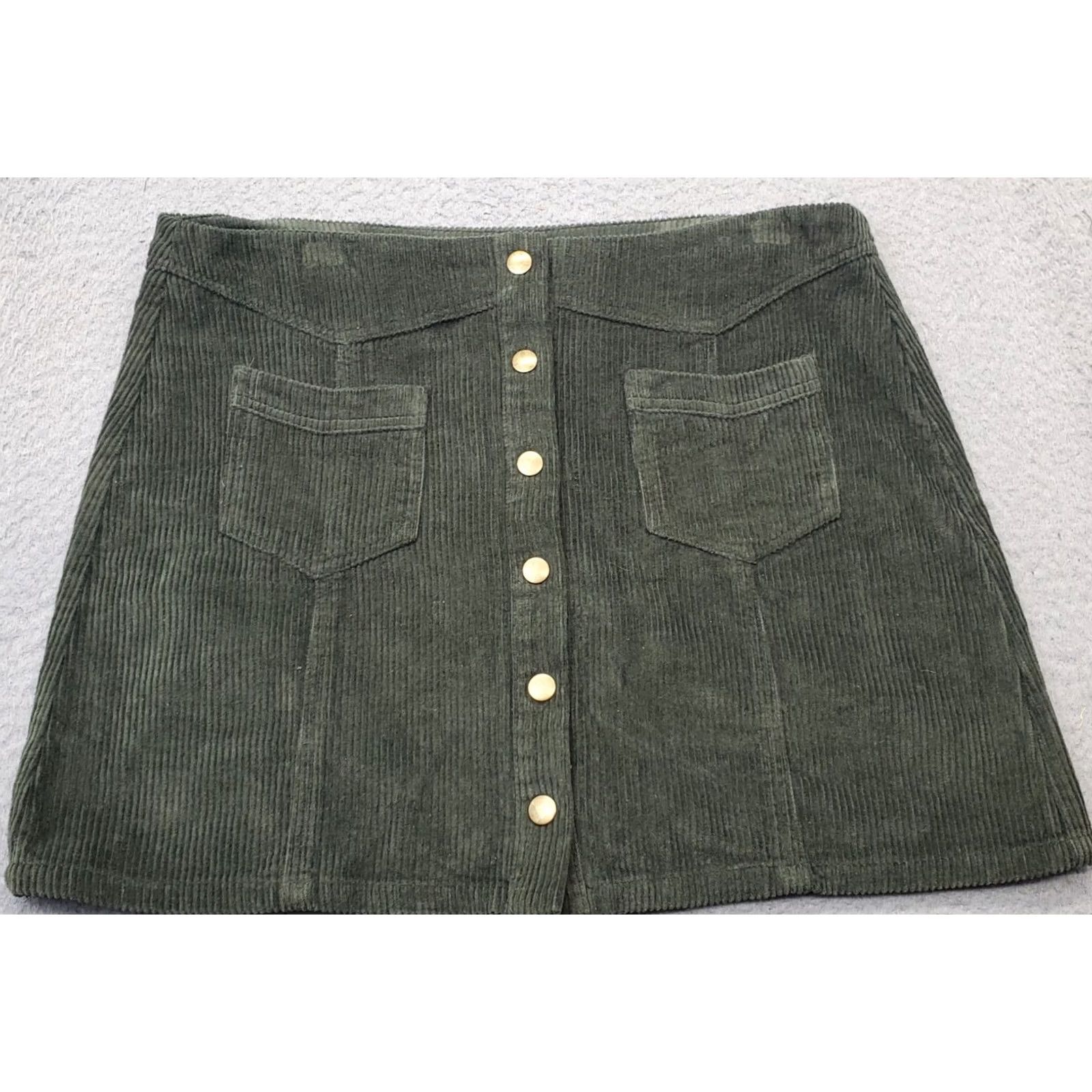 Vintage She + Sky Corduroy Mini Skirt Womens L Green Stretch Snap Front SL2388R2 Size 36" / US 14 / IT 50 - 2 Thumbnail