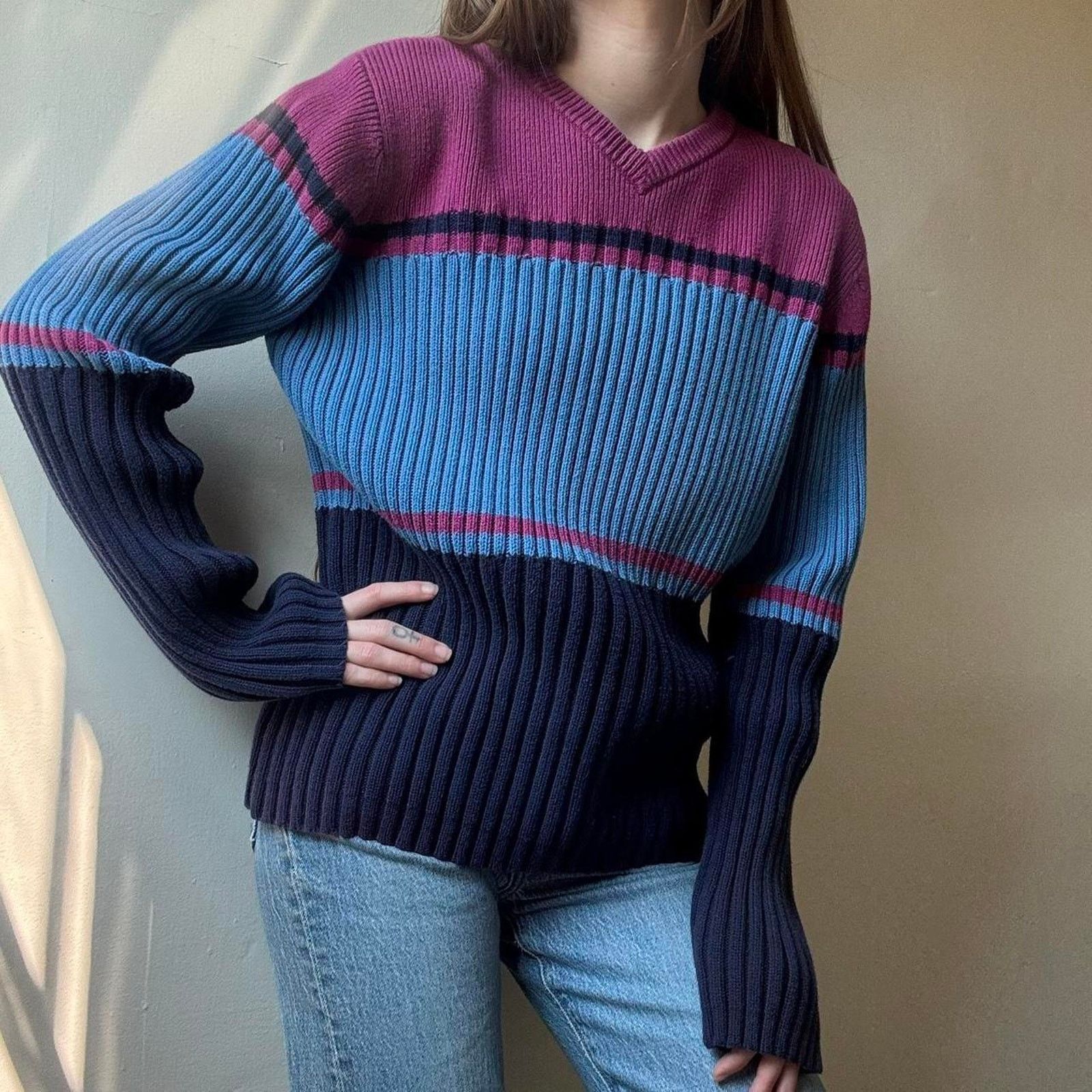 Vintage Vintage BKLE 90s Stripe Ribbed V-Neck Sweater Large Y2K Size L / US 10 / IT 46 - 1 Thumbnail