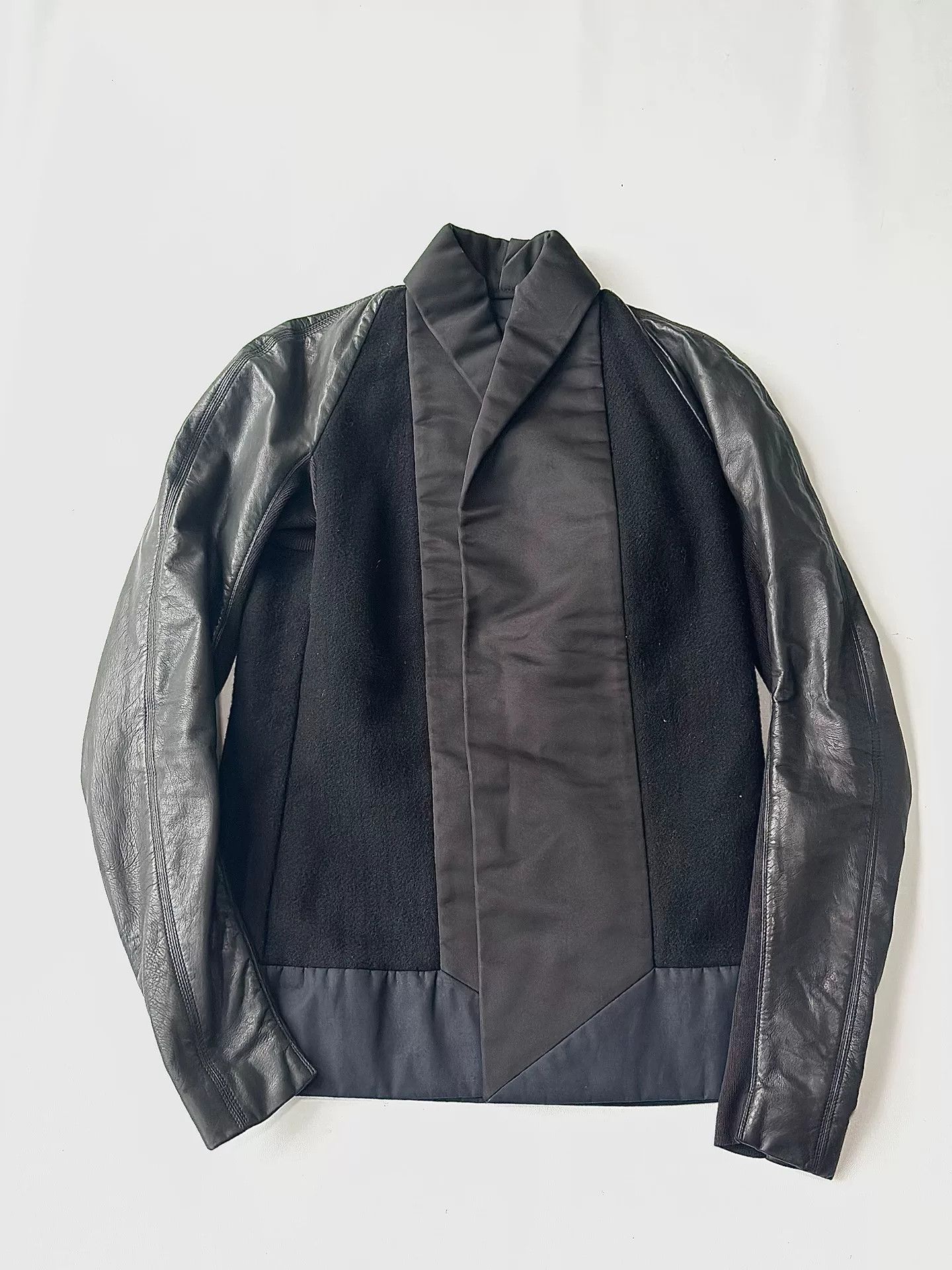 Rick Owens Rick Owens Wool Leather Patchwork Coat Size US XXS / EU 40 - 1 Thumbnail