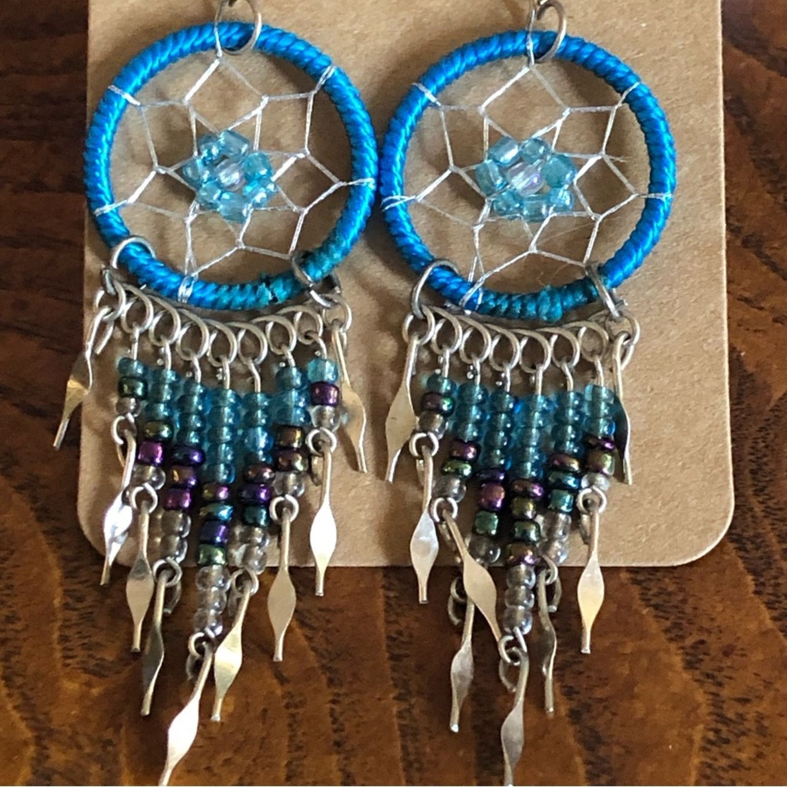Handmade Hand crafted beaded blue and silver dream catcher earrings Size ONE SIZE - 2 Thumbnail