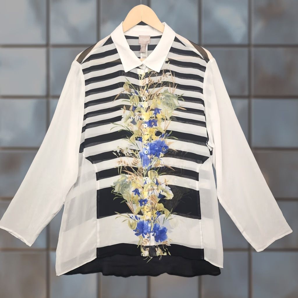Vintage Chicos Top Womens XL Semi Sheer Long Sleeve Button Up Floral Striped Boho Size XL / US 12-14 / IT 48-50 - 1 Thumbnail