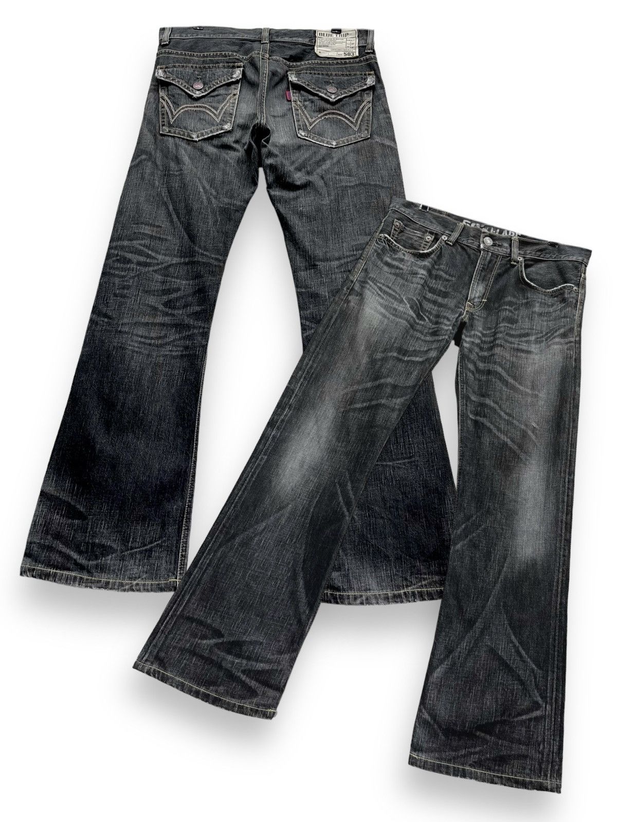 image of Fye Flareedwin Blue Trip Distressed Black Made In Japan, Men's (Size 34)