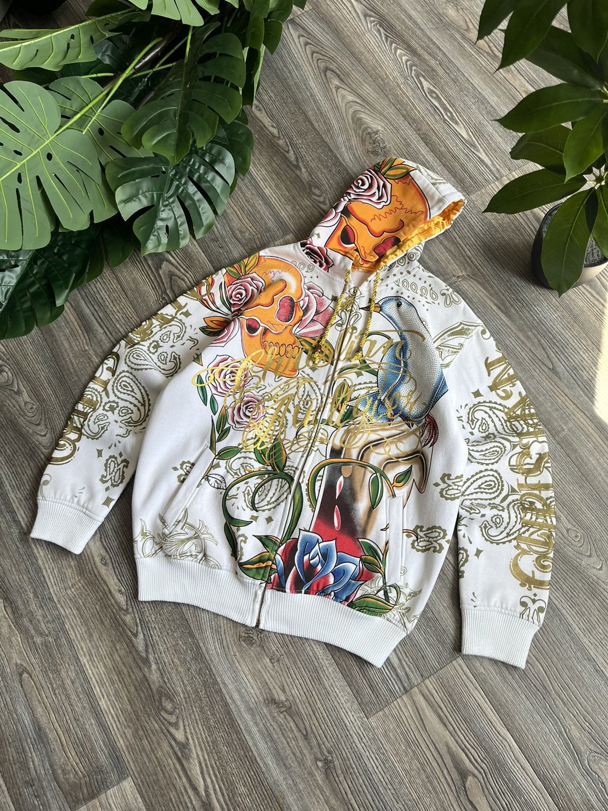 Pre-owned Christian Audigier X Ed Hardy Christian Audigier Y2k Crazy Aop Scull Swag Zip Hoodie In White