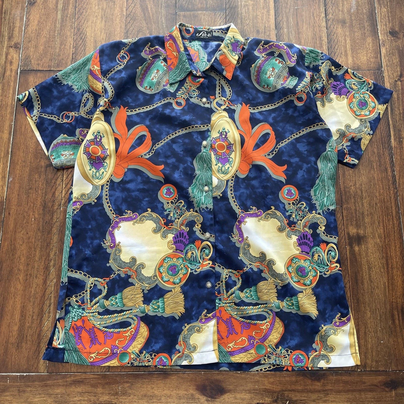 Vintage San-ai Shirt Womens XL Navy Baroque Chain Tassel Print Silky Size XL / US 12-14 / IT 48-50 - 2 Thumbnail