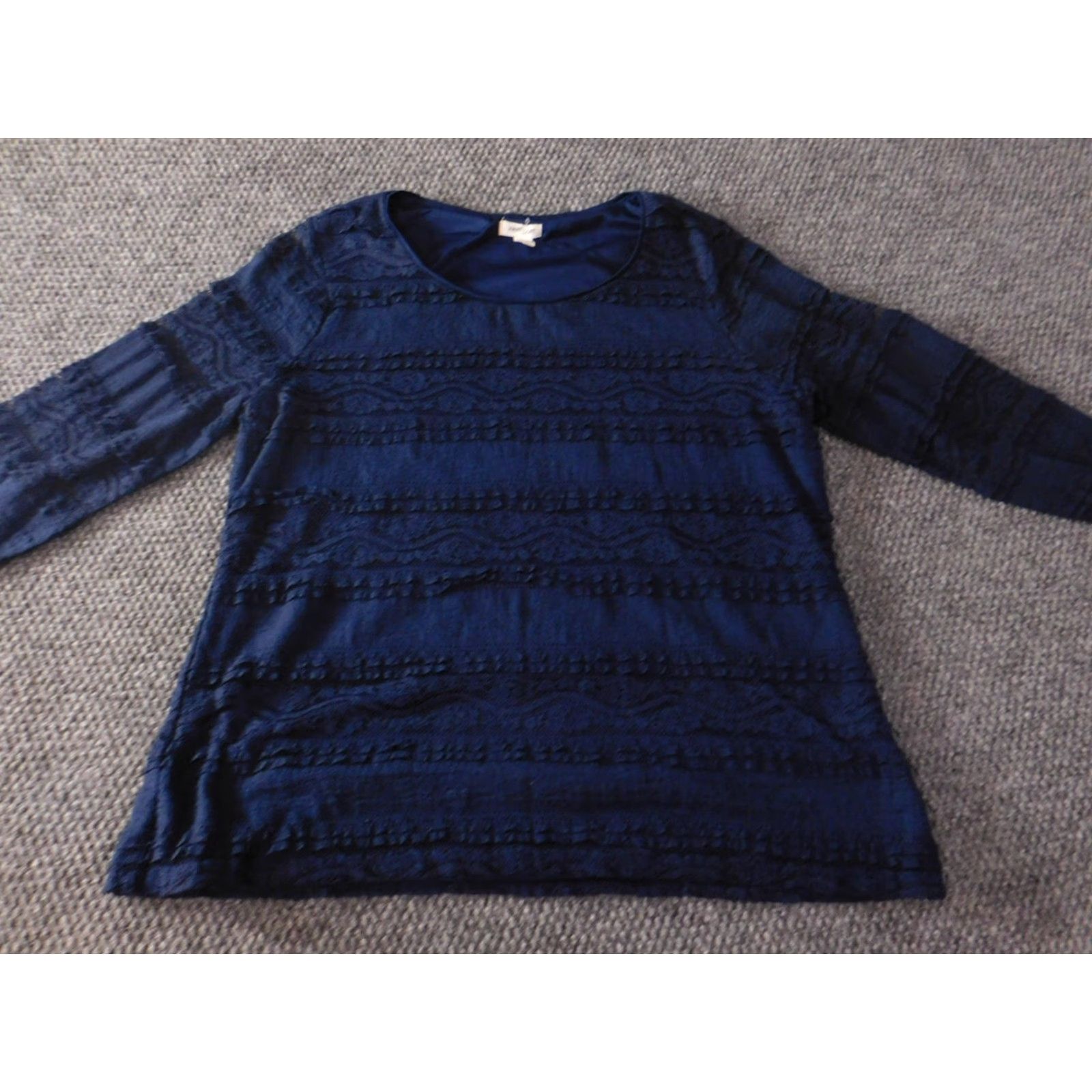 Vintage Westport Womens Blouse L Blue Crew Neck Pullover Stretch Ruffles Short to Long Sleeve Casual Top Size L / US 10 / IT 46 - 2 Thumbnail