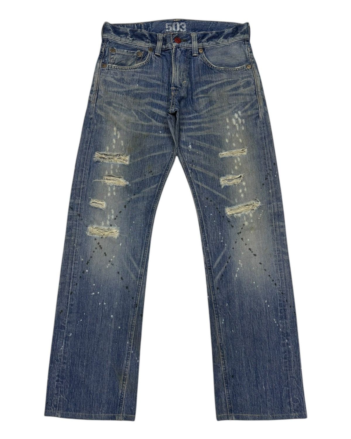 Who Decides War EDWIN 503 BLUE TRIP PAINT SPLATTER DISTRESSED DENIM JEANS Size US 32 / EU 48 - 3 Thumbnail