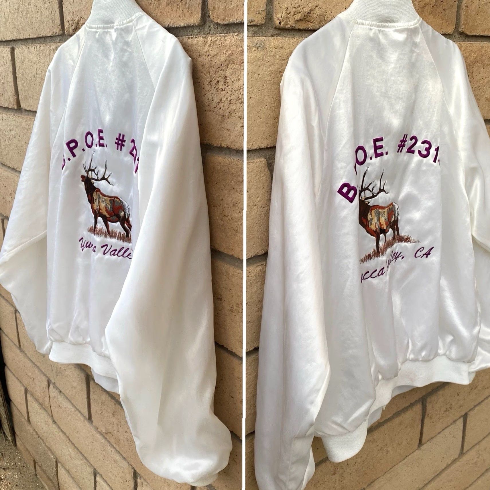 Vintage VINTAGE Hartwell Sports Jacket Elks Bomber Satin Satin Jacket White USA Large L Men Stand-Up Collar Embroidered Yucca Valley CA Elk Sports Vintage Size US L / EU 52-54 / 3 - 6 Thumbnail