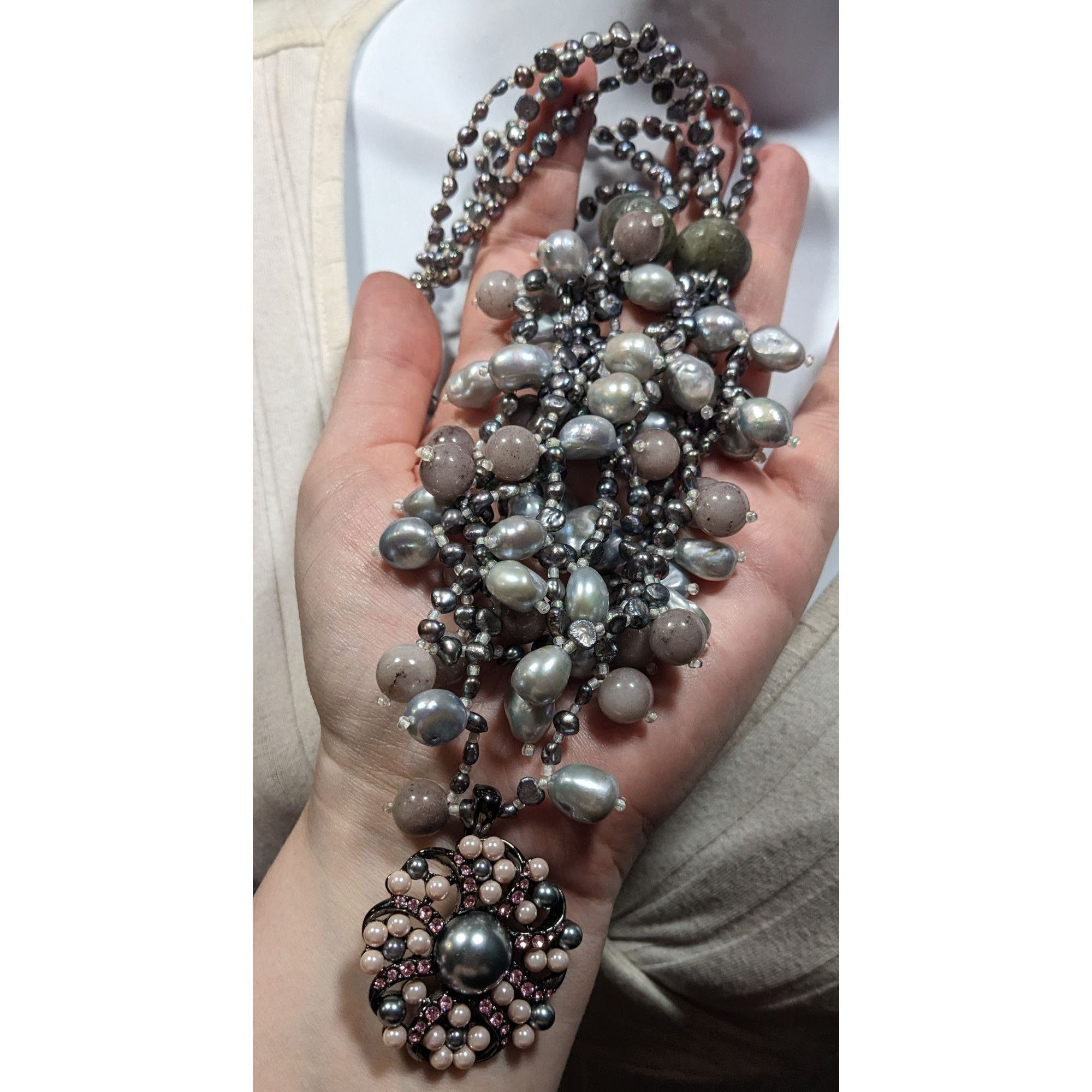 Other Vintage Elegant Pearl And Agate Beaded Floral Pendant Bib Ne Size ONE SIZE - 3 Thumbnail