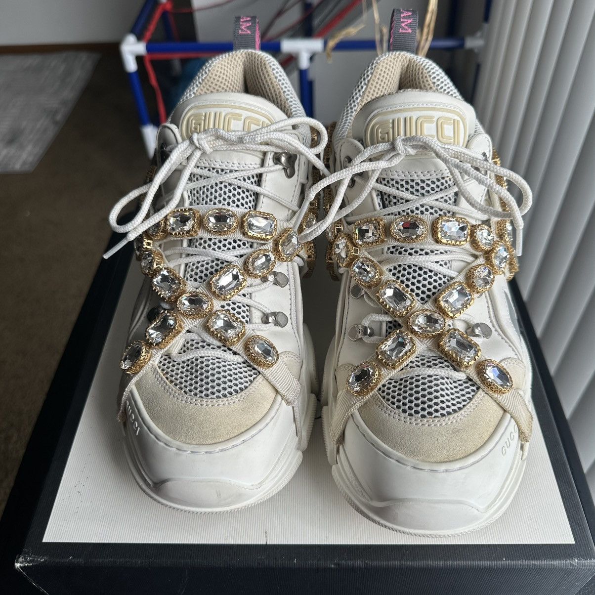 Gucci Mens $1590 Gucci Flashtrek Sneaker Boot Pure White Crystals Size US 12 / EU 45 - 5 Thumbnail