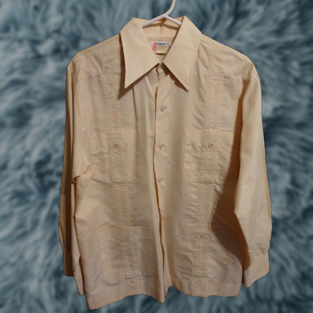 Vintage VINTAGE ROMANI Shirt Mens M Yellow Button-Up Long Sleeve Collared 70s Retro All Seasons Easy Care Pockets Size 40R - 1 Thumbnail