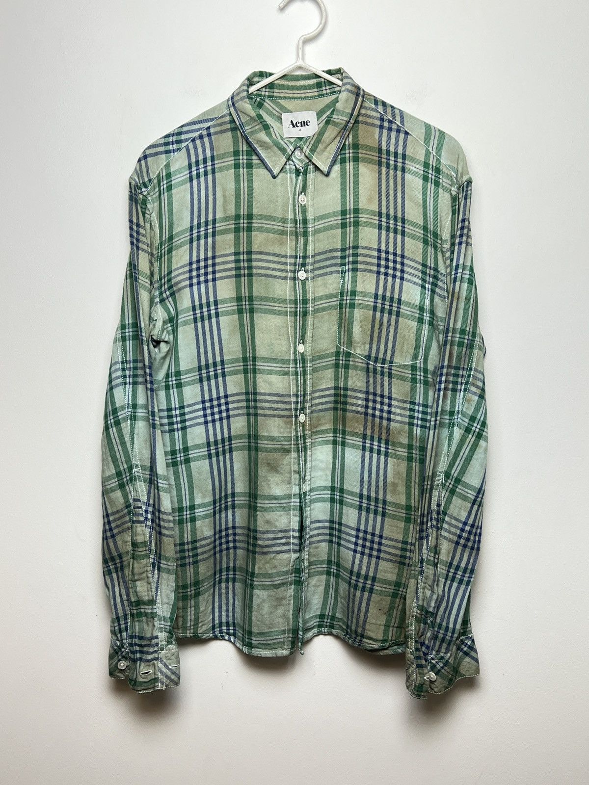 image of 1 Of 1 x Acne Studios Acne Vintage Travis Plaid Flannel Shirt Bleached Tie Dye Y2K in Green (Size M