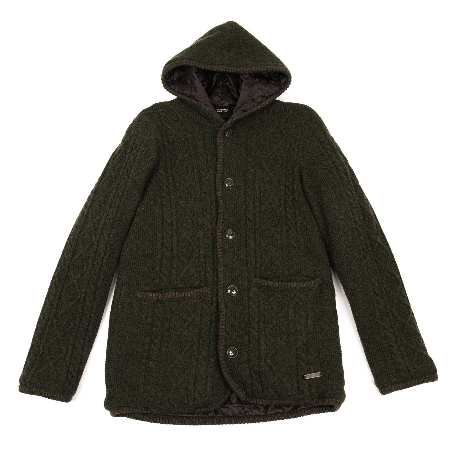 Burberry Quilted Lined Hooded Cable Knit Jacket in Khaki Brown Size US M / EU 48-50 / 2 - 1 Thumbnail