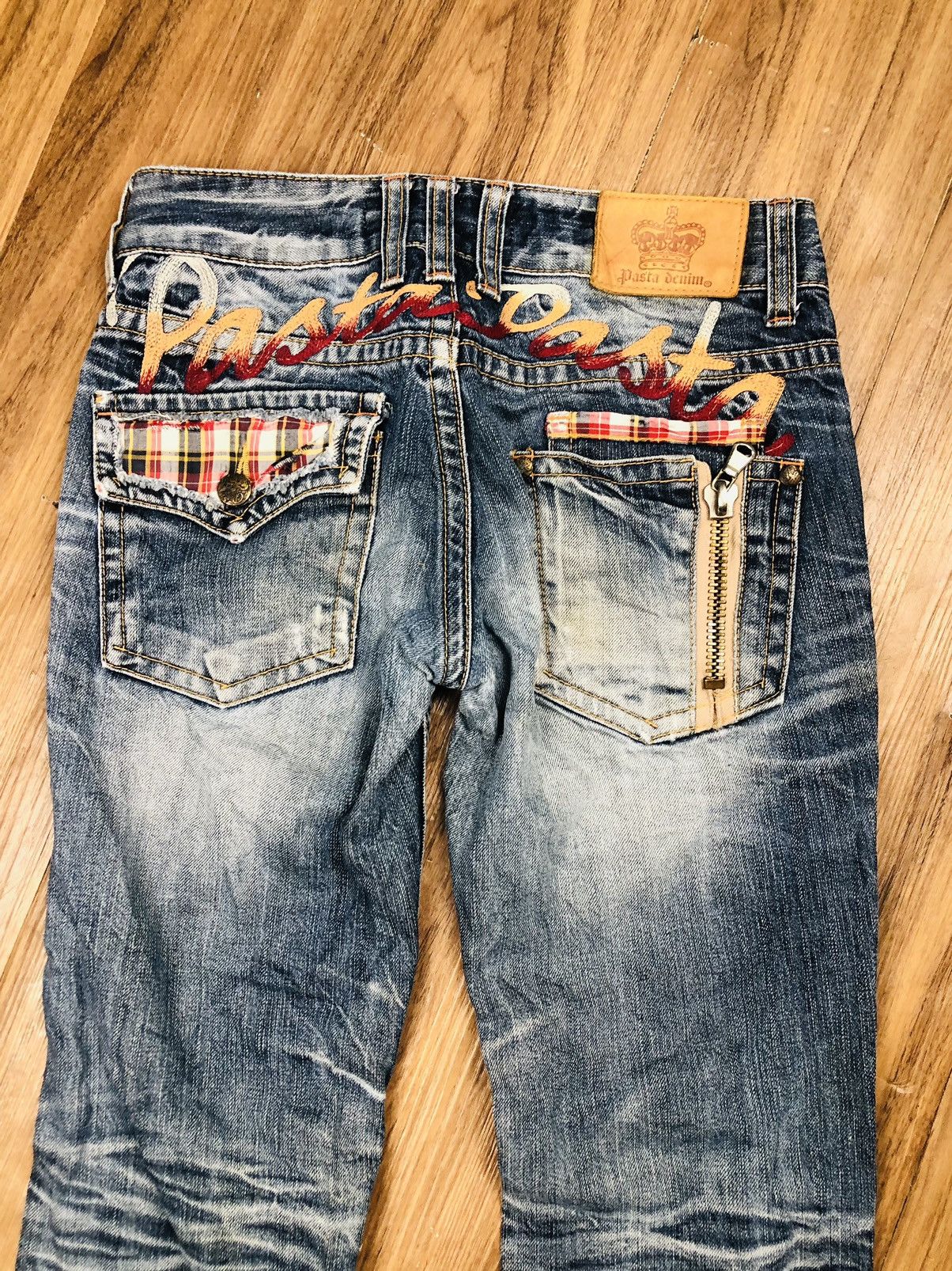 If Six Was Nine Pasta Denim Bootcut Distressed Jeans Plaid Patches (40) Size 26" / US 2 / IT 38 - 16 Thumbnail