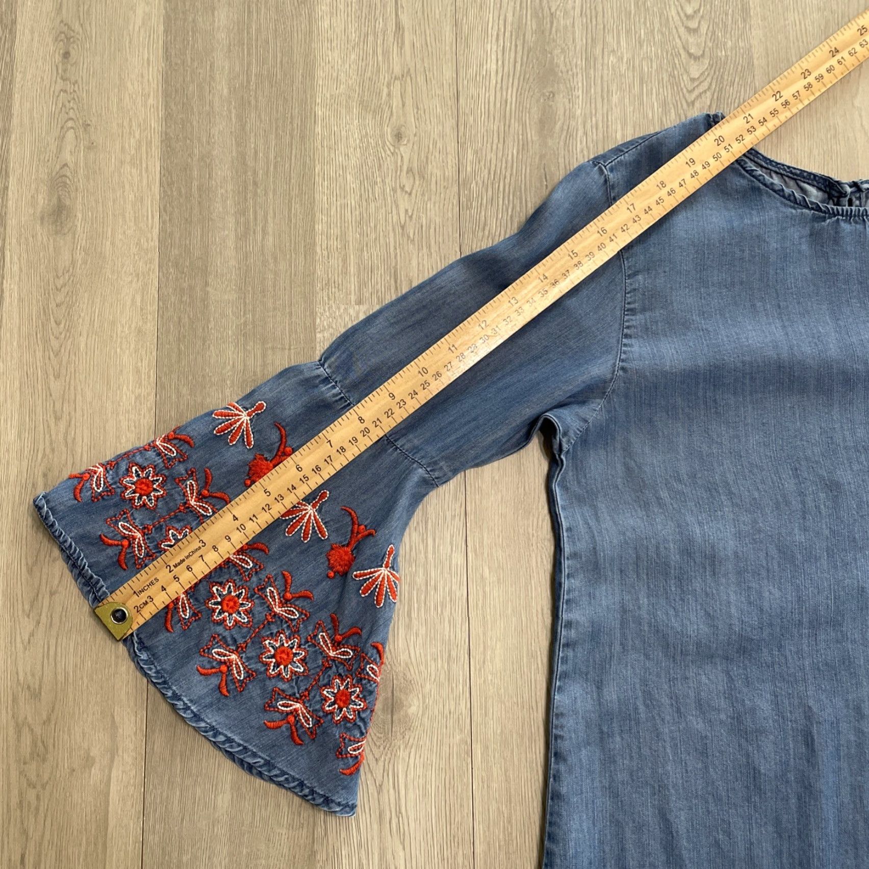 Bell VINTAGE Flowers Chambray Dress Midi Floral Embroidered Bell Sleeve Women Medium Blue Size M / US 6-8 / IT 42-44 - 6 Thumbnail