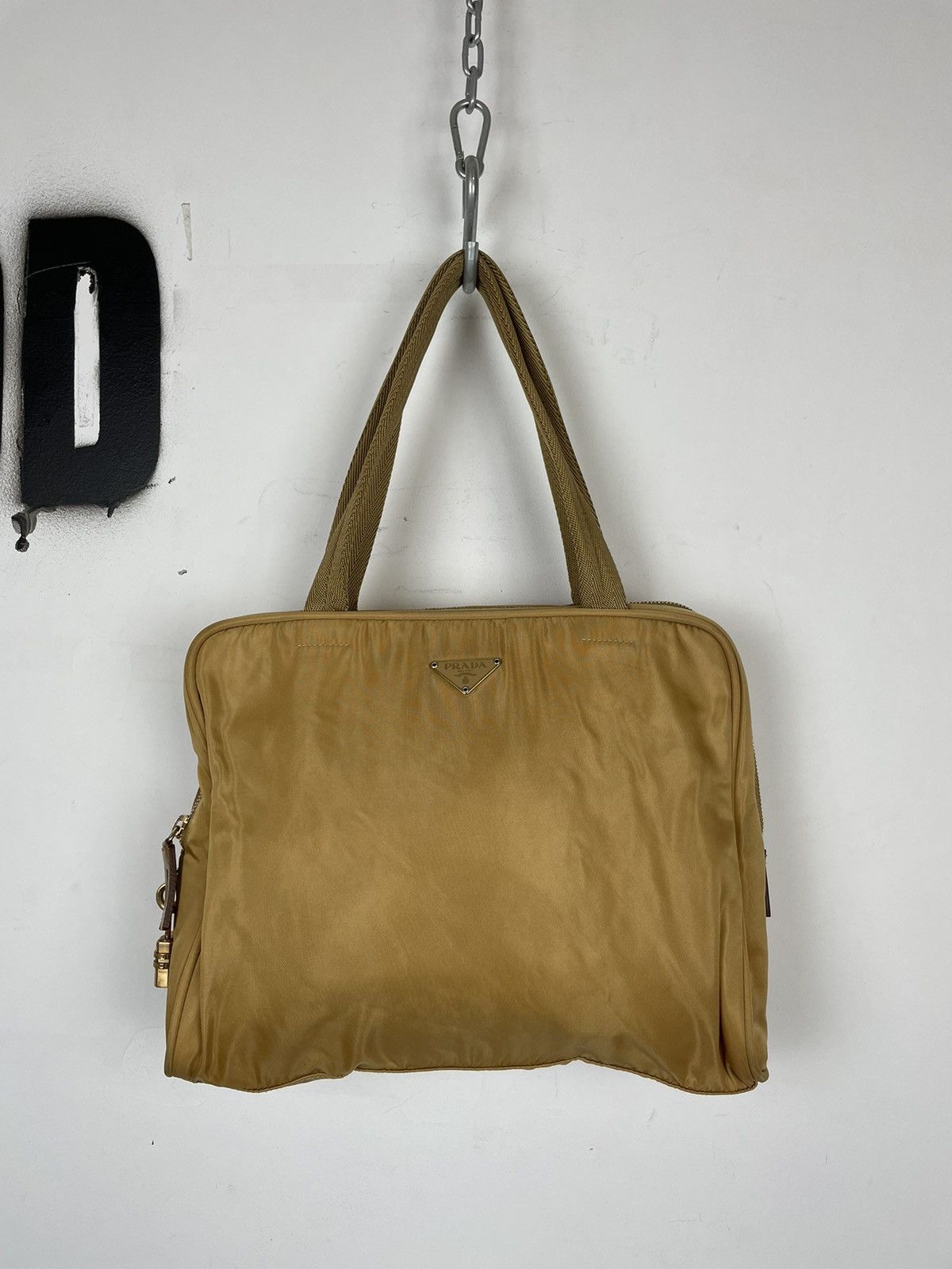 Prada Nylon Hand Bag Beige Triagle Logo