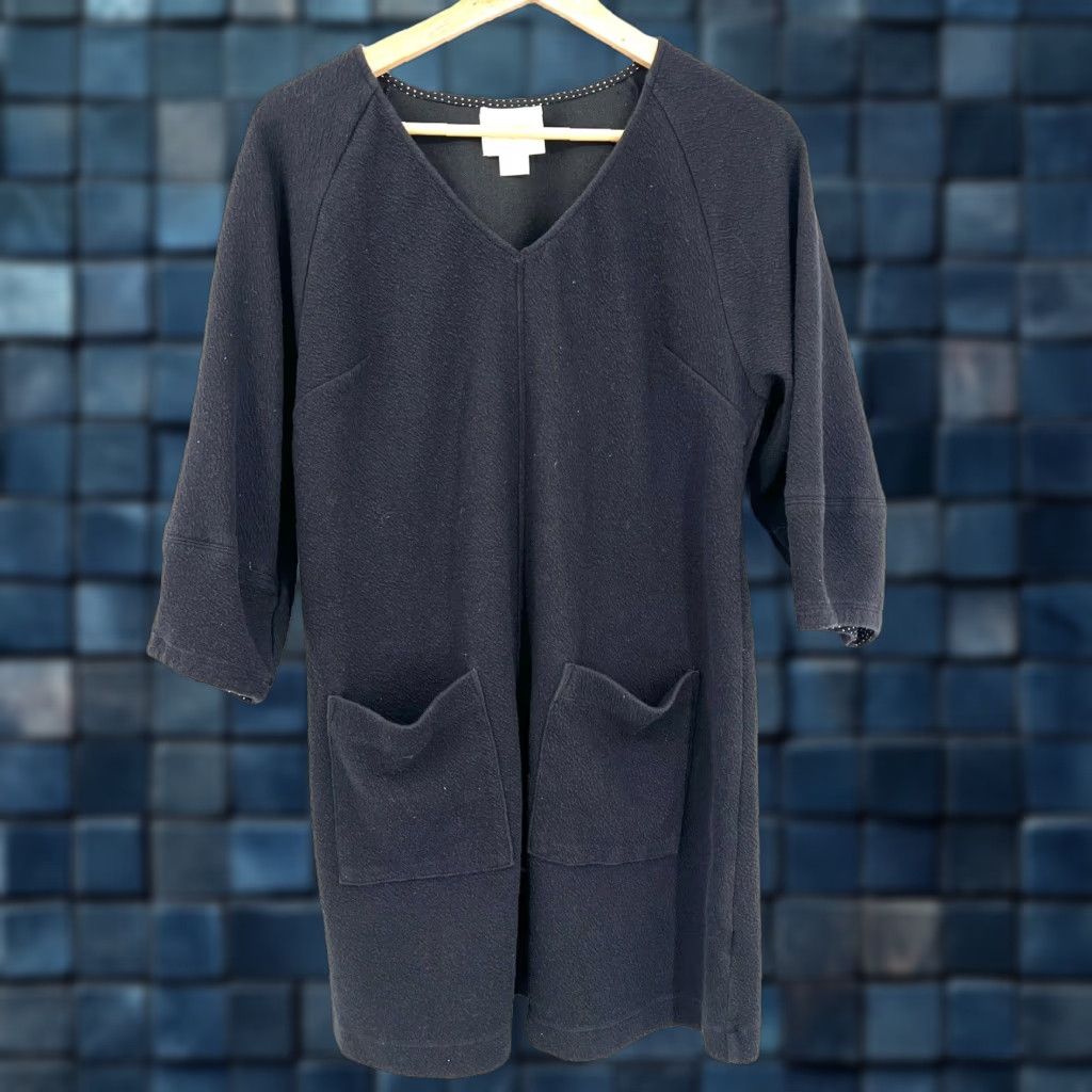 VINTAGE Maeve Anthropologie Little Black Dress Shift Shirt Dress 3/4 Sleeve  V-Neck Small Petite