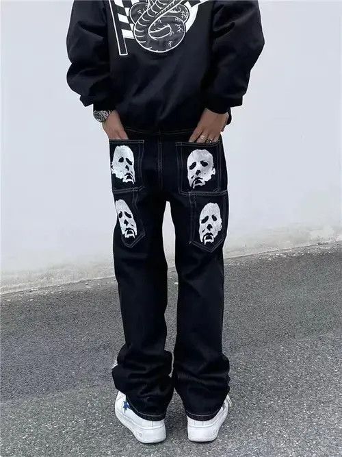 Japanese Brand × Jean Black high street vibe style skull straight jeans Size US 32 / EU 48 - 3 Thumbnail