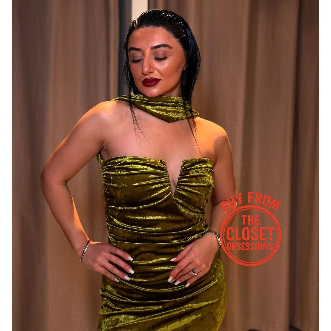 ZARA Green Velvet Fitted Midi Dress M NWT
