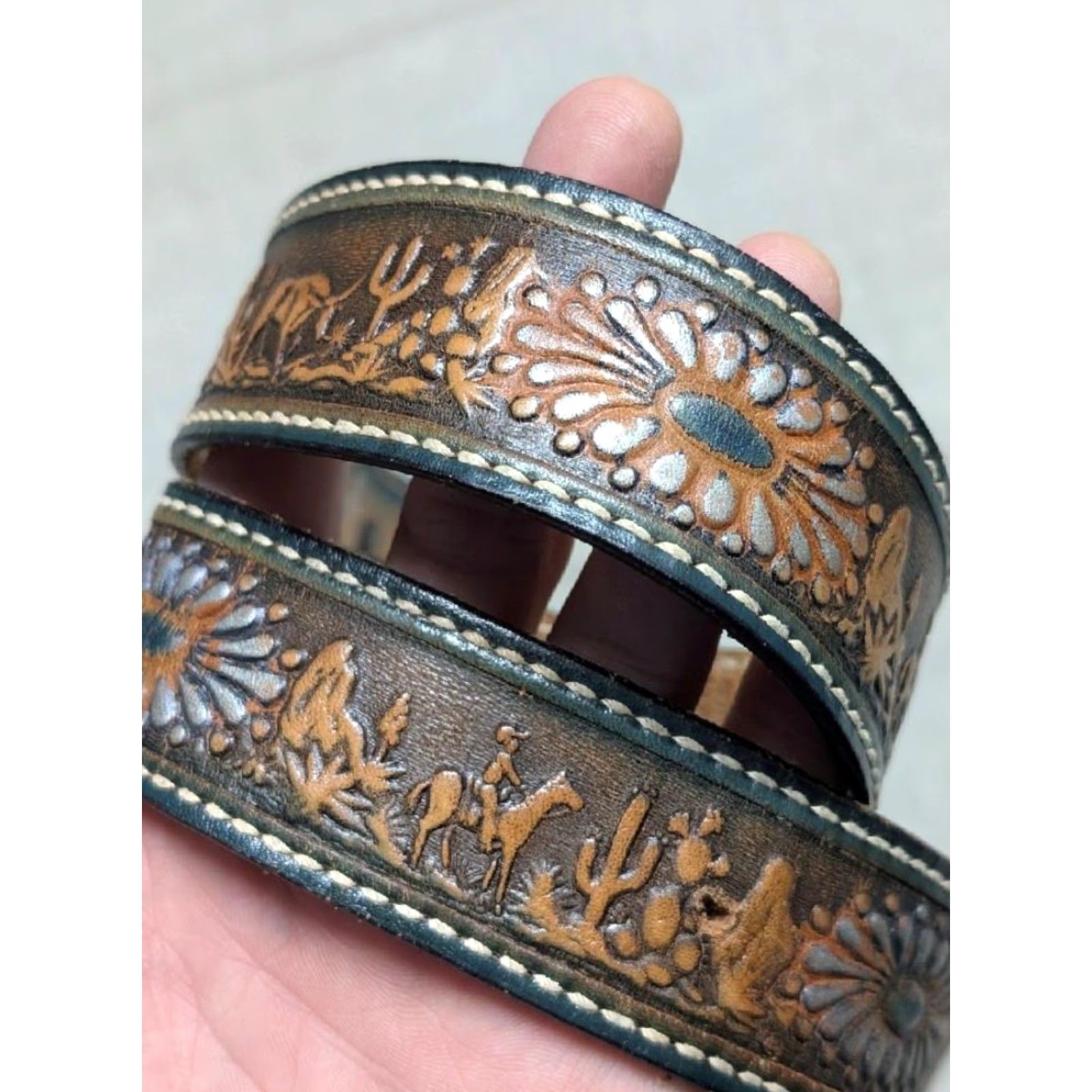 Vintage VINTAGE western belt tooled buckle Textan brown 28 leather cowhide German Silver alpaca tip holder unisex adults Mens Size 28 - 2 Thumbnail