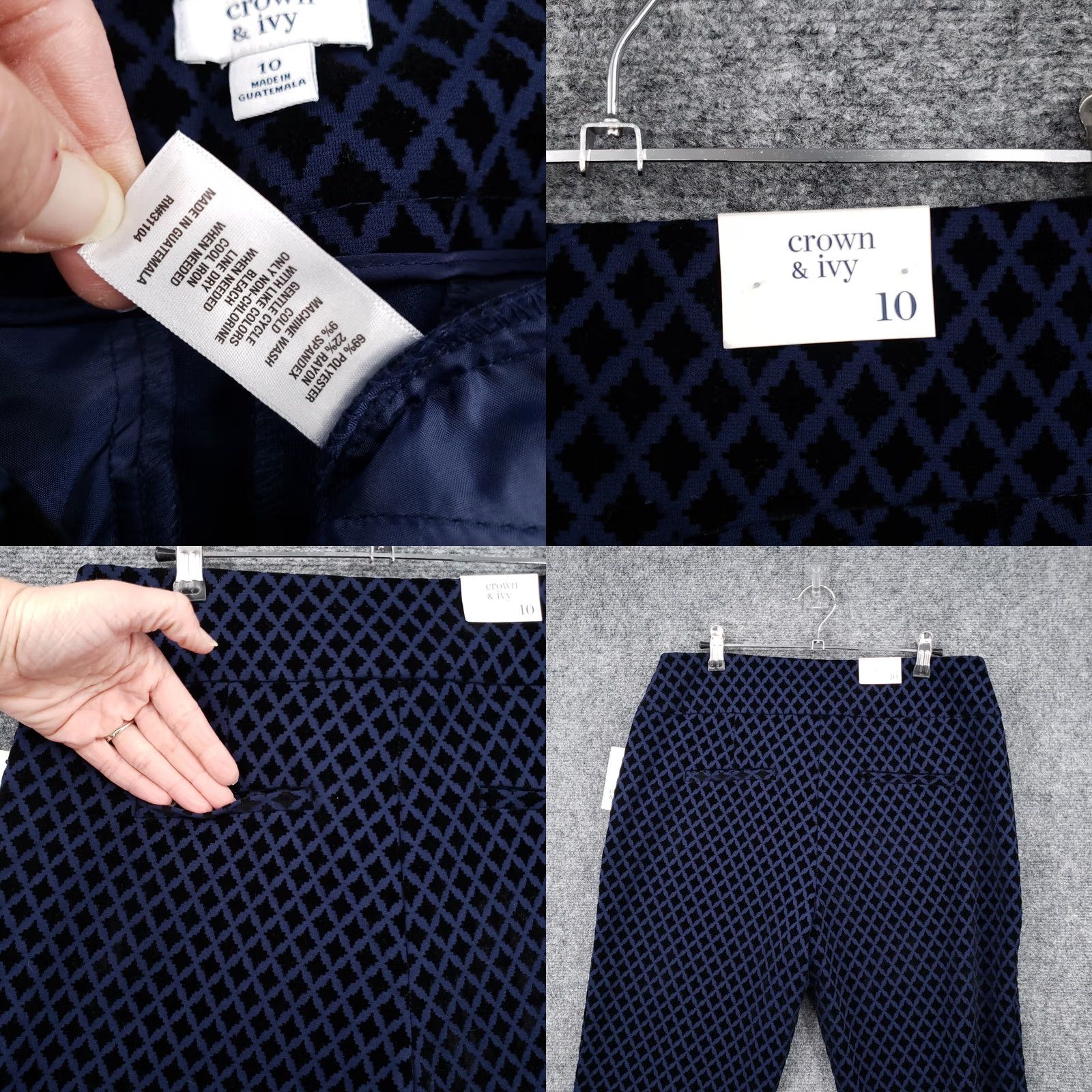 Vintage Crown & Ivy Pants Womens 10 Blue Tech Stretch High Rise Diamond Print Ankle Size 32" / US 10 / IT 46 - 9 Thumbnail