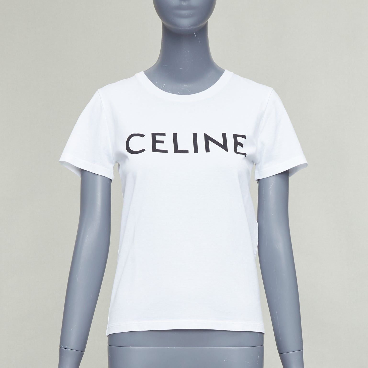 CELINE white cotton black big logo crew neck fitted tshirt XS