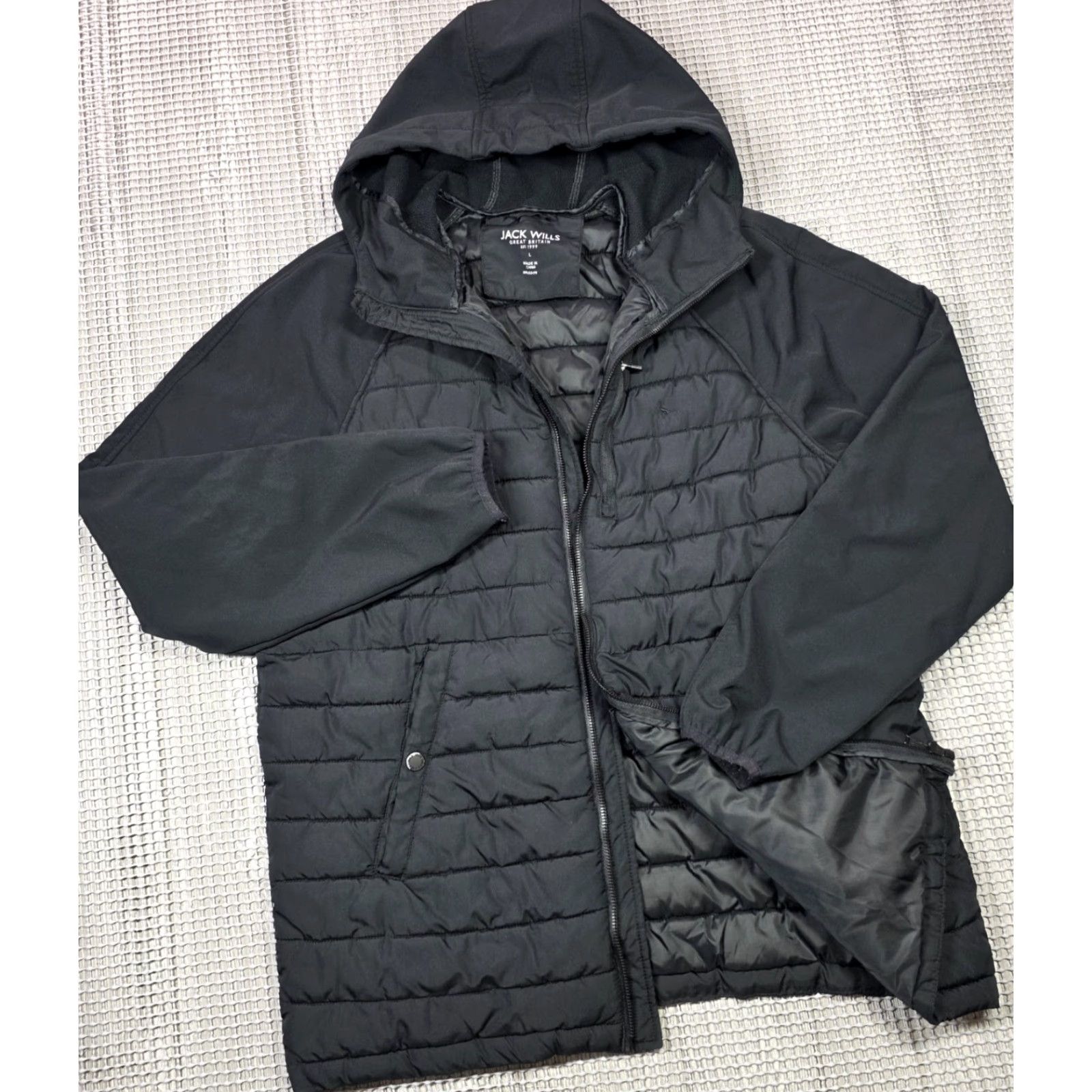 Jack Wills VINTAGE Jack Wills Great Britain Media Quilted Puffer Hybrid Men L Black Hooded Full Zip Size US L / EU 52-54 / 3 - 2 Thumbnail