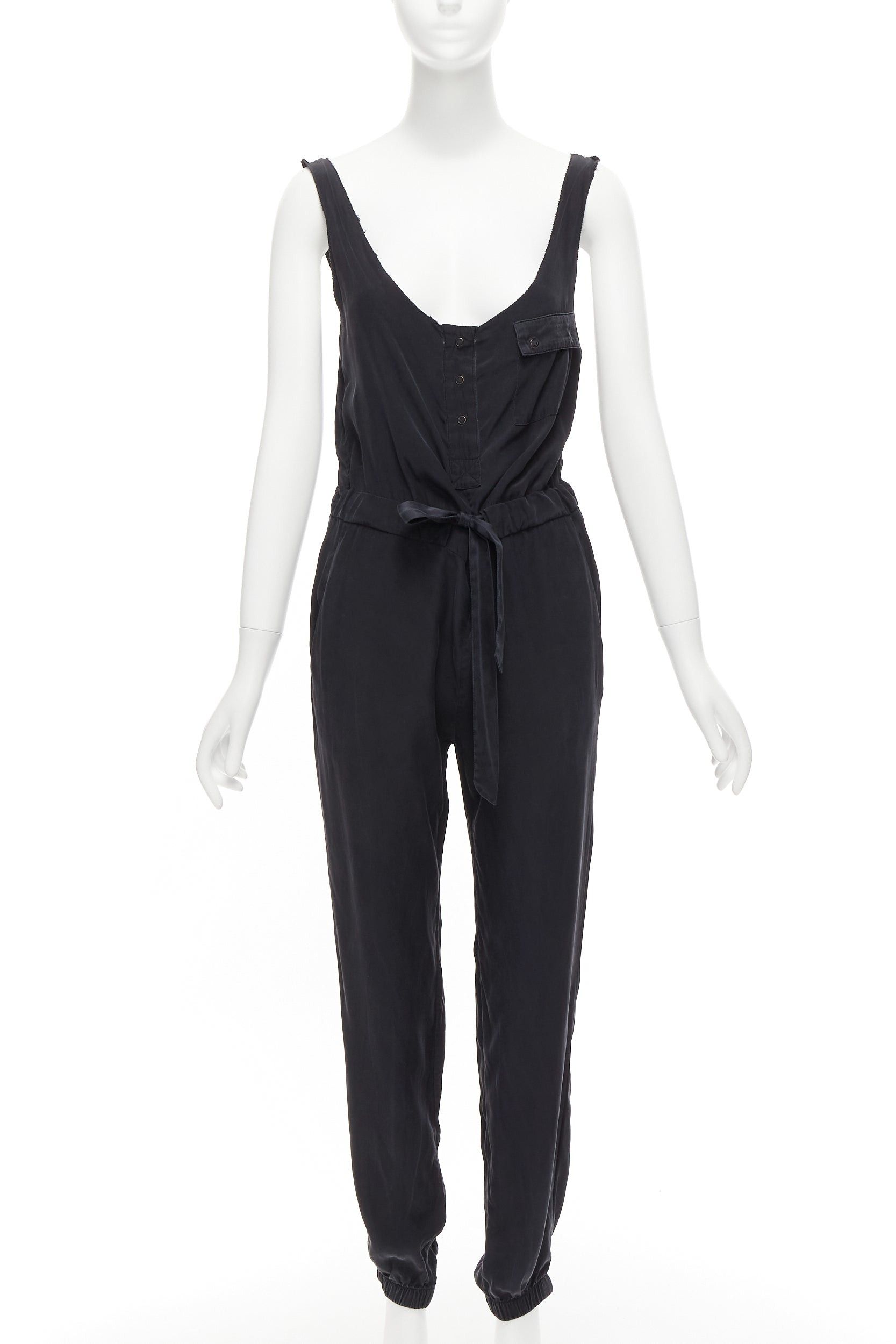 image of Rag Bone Rag & Bone 100% Charmeuse Silk Charcoal Grey Belted Jumpsuit Us0 Xs, Women's (Size 26)