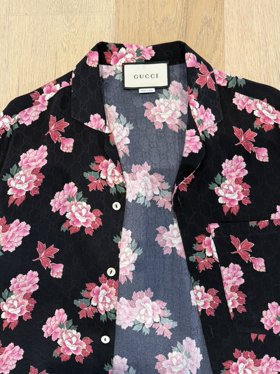 Gucci GUCCI Black Silk Peony Print Bowling Shirt Size US S / EU 44-46 / 1 - 1 Thumbnail