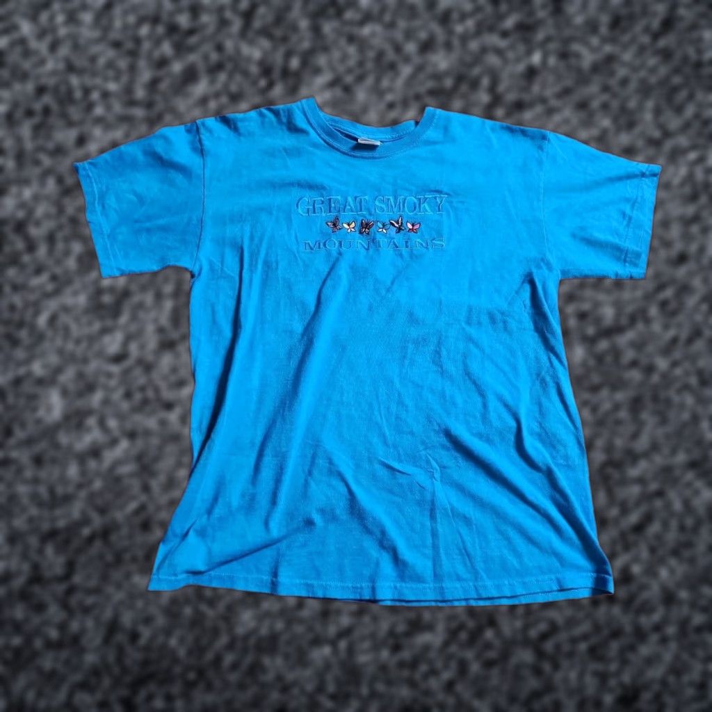 Gildan Women T Shirt Distressed Great Smoky Mountains Butterflies Embroidered Travel L Blue Size L / US 10 / IT 46 - 1 Thumbnail