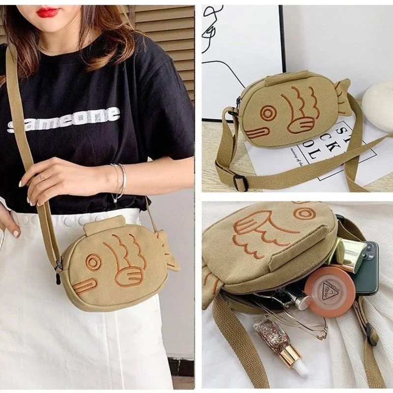 Japanese Brand Cute Fish Canvas Messenger Bag Size ONE SIZE - 4 Thumbnail