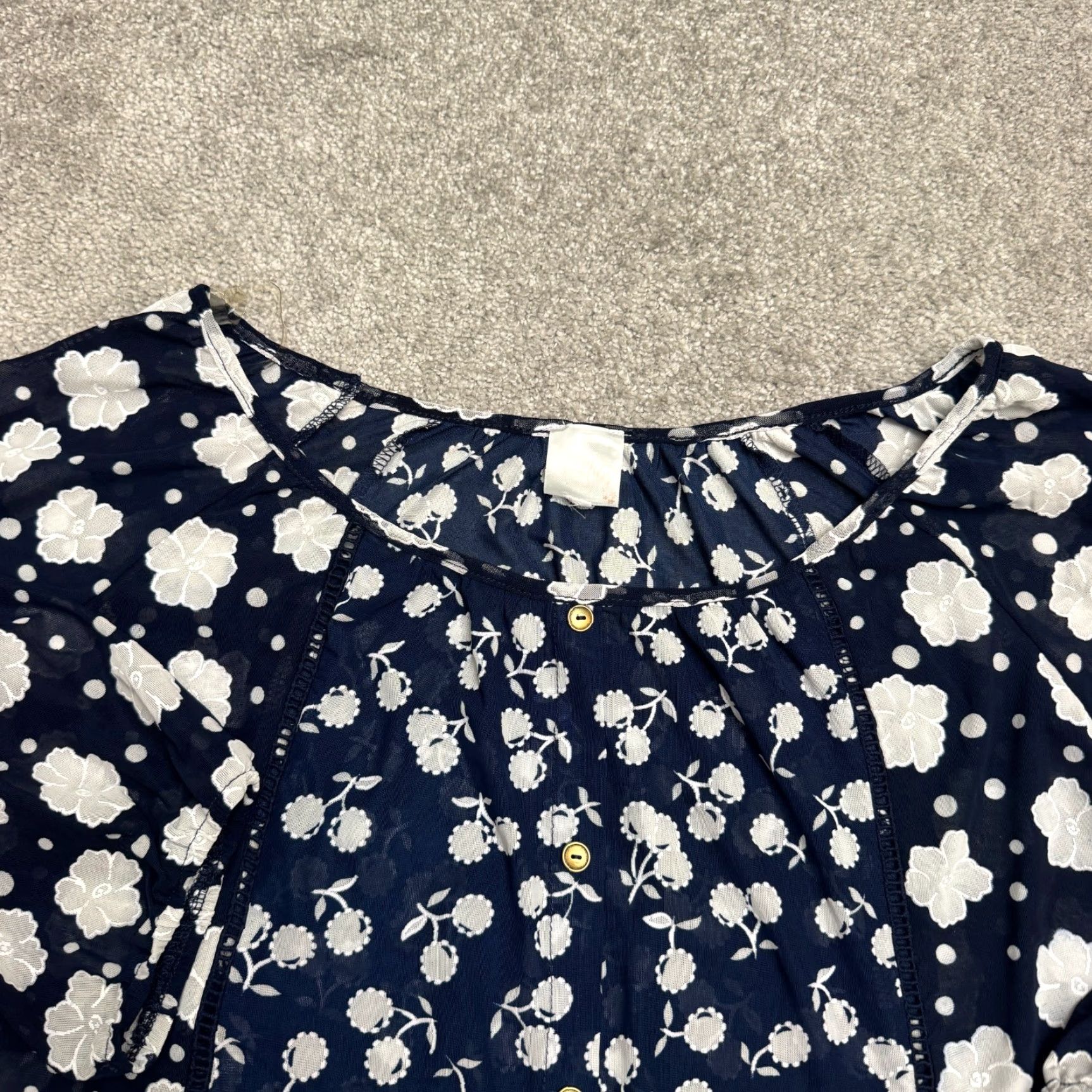 Vintage Siren Lily Blouse Shirt Womens XL Navy Blue Floral Boho Long Sleeve Button Front Crew Neck Casual Vintage No Size XL / US 12-14 / IT 48-50 - 3 Thumbnail