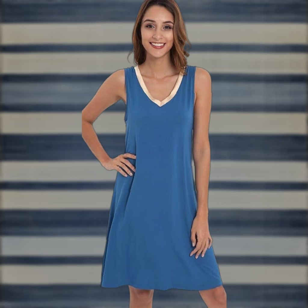 Vintage GYS Womens Bamboo Nightgown Nightdress Sleeveless V-Neck Light Sleepwear Medium Prussian Blue Women Size M / US 6-8 / IT 42-44 - 1 Thumbnail