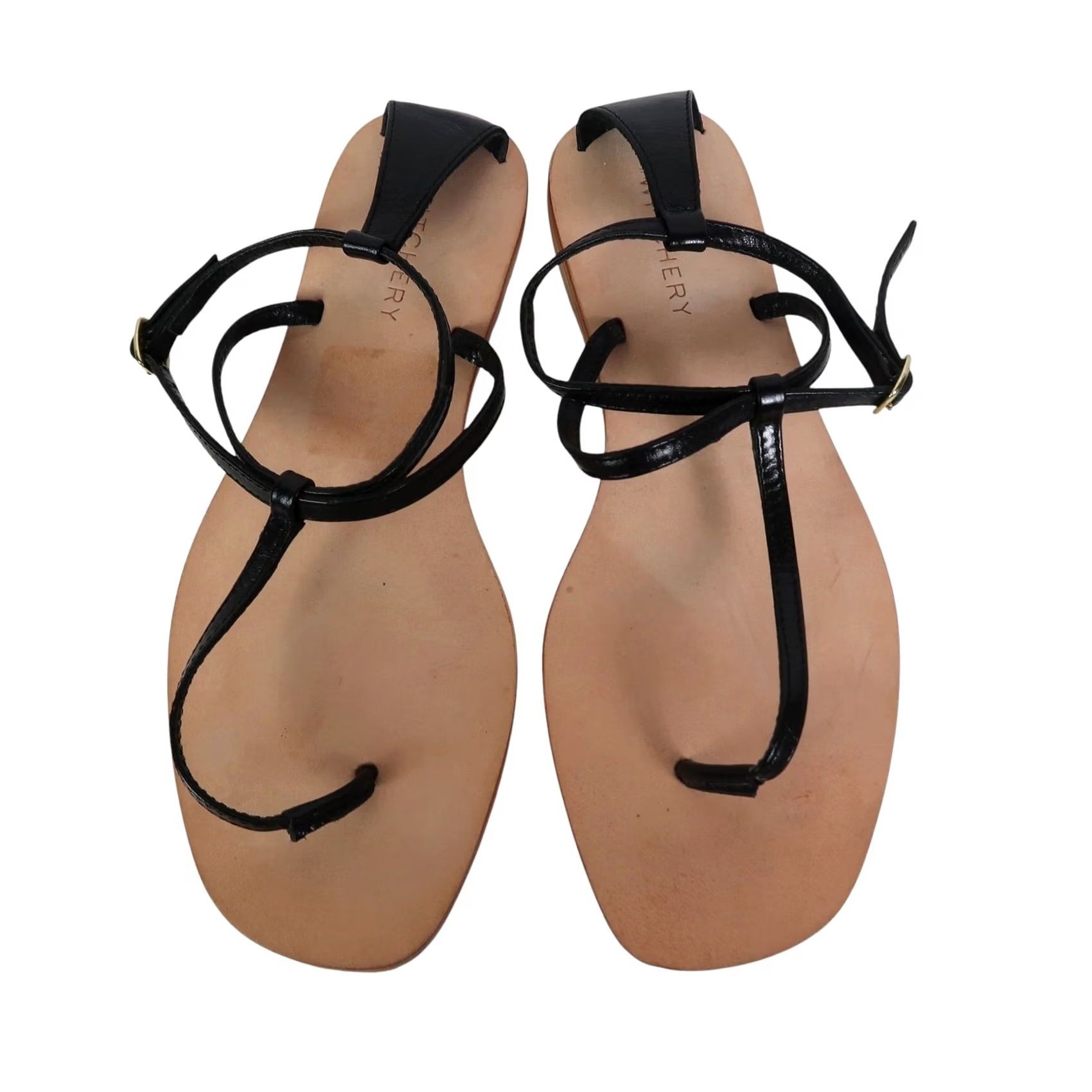 Vintage Witchery Black Leather T-Strap Thong Sandals US 5.5 Women Flat Casual Bohemian 36 History 5.5 Women Size US 6 / IT 36 - 2 Thumbnail