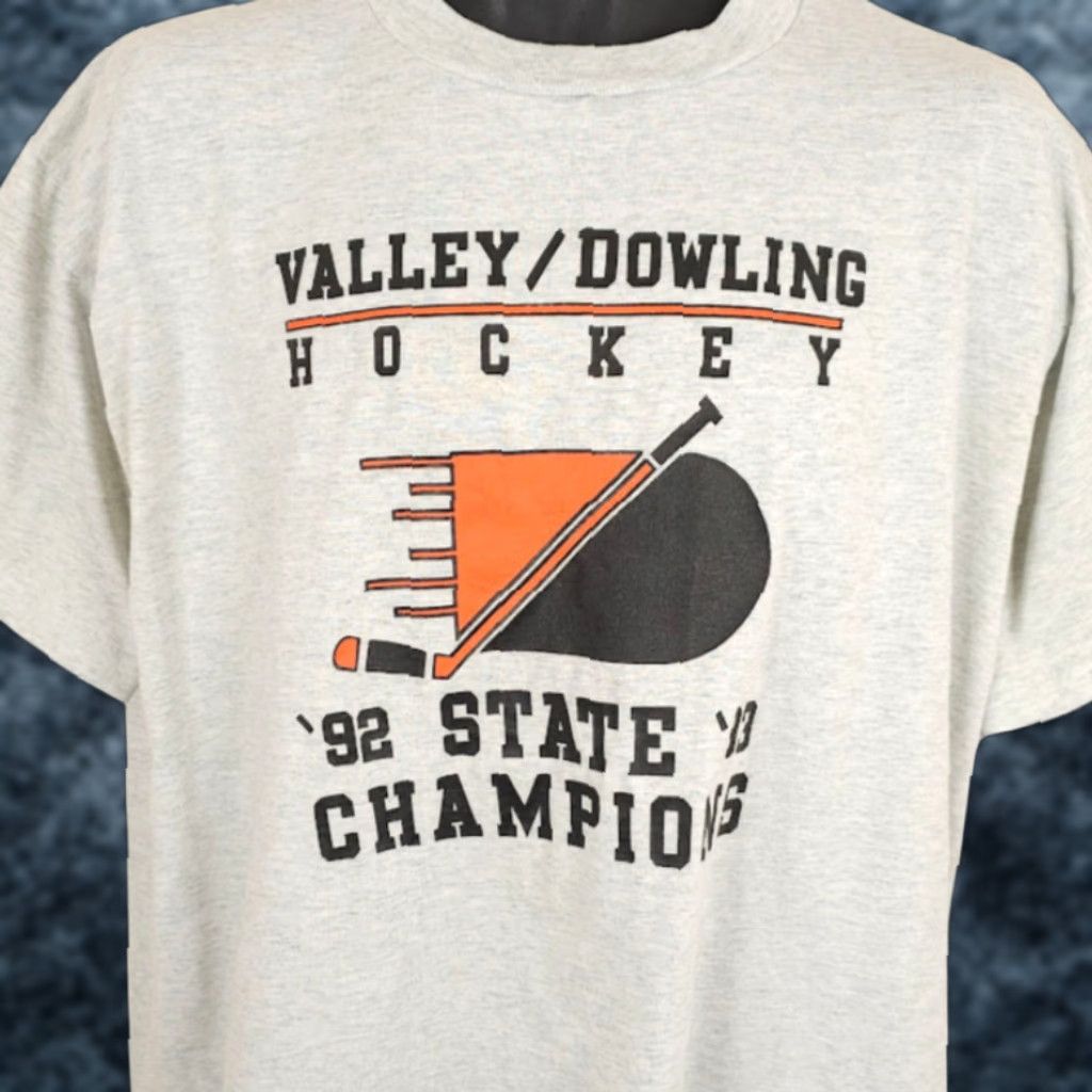 VINTAGE Valley Dowling Hockey T Shirt Mens XL Gray 90s Tigers Made In USA