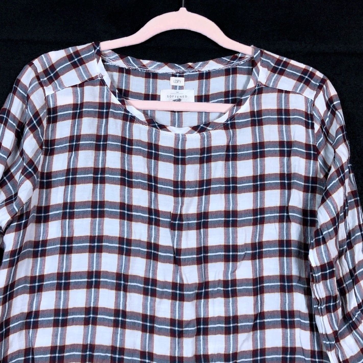 Ann Taylor Womens Shirt Ann Taylor LOFT White Multicolored Plaid Roll Tab Lightweight Small Casual Womens Crew Neck Long Sleeve T-Shirt Size S / US 4 / IT 40 - 2 Thumbnail