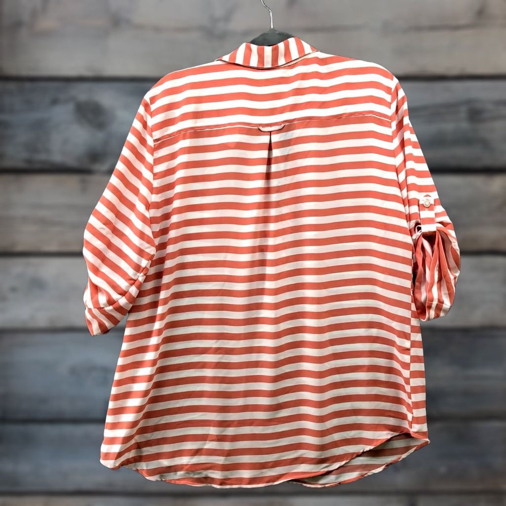 Pinko NWT Soho Jeans Chiffon Blouse Pink Peach White Stripe Womens XL Popover Roll Tab Shirt Blouse Shirt Size XL / US 12-14 / IT 48-50 - 1 Thumbnail