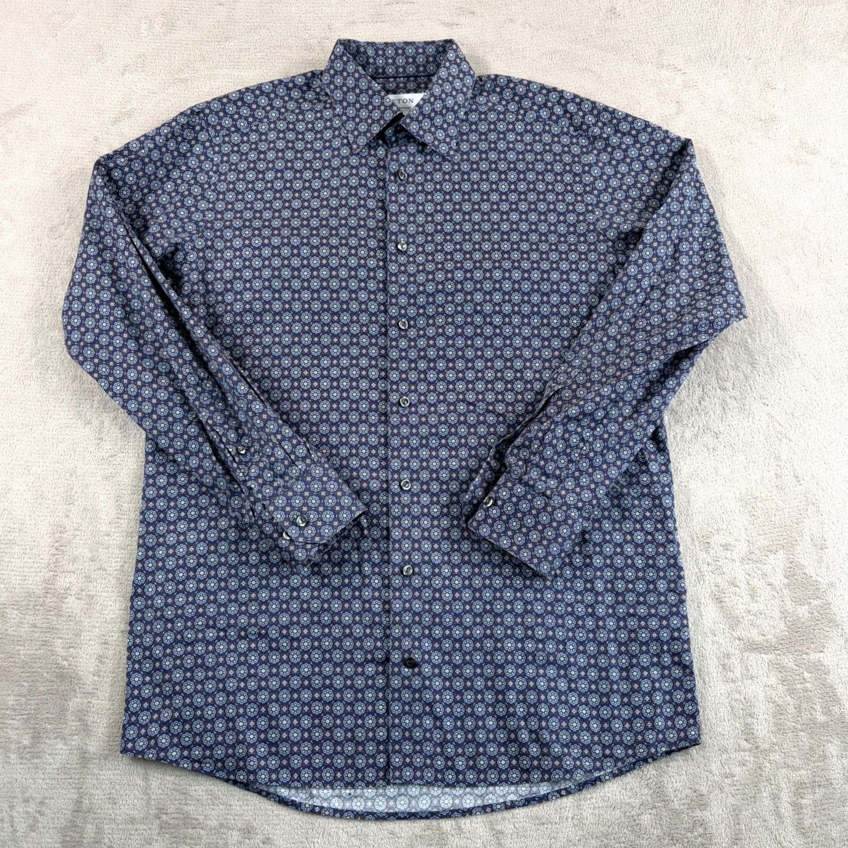 Eton ETON Dress Shirts Contemporary Men Large 41 16 Blue Floral Geometric Slim Fit Twill Shirt Size 42R - 3 Thumbnail